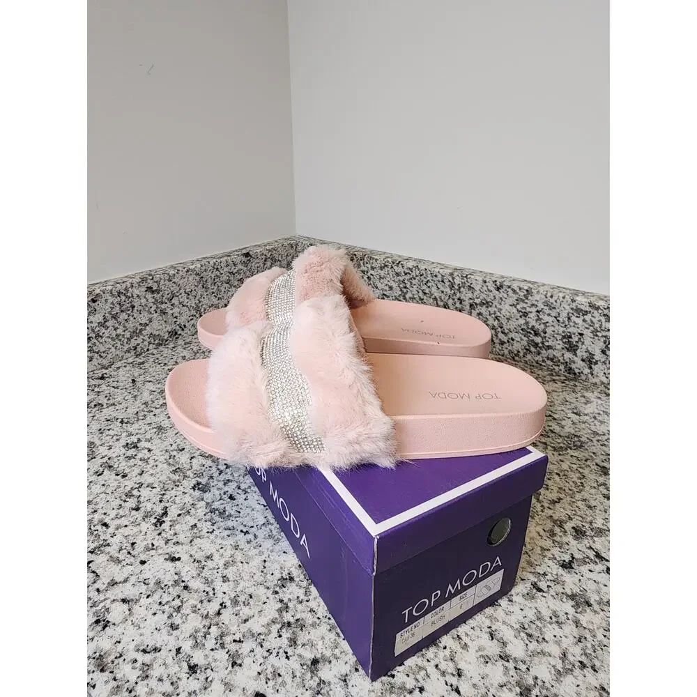 Top Moda CAB-36 Blush Faux Fur Rhinestone Sandals